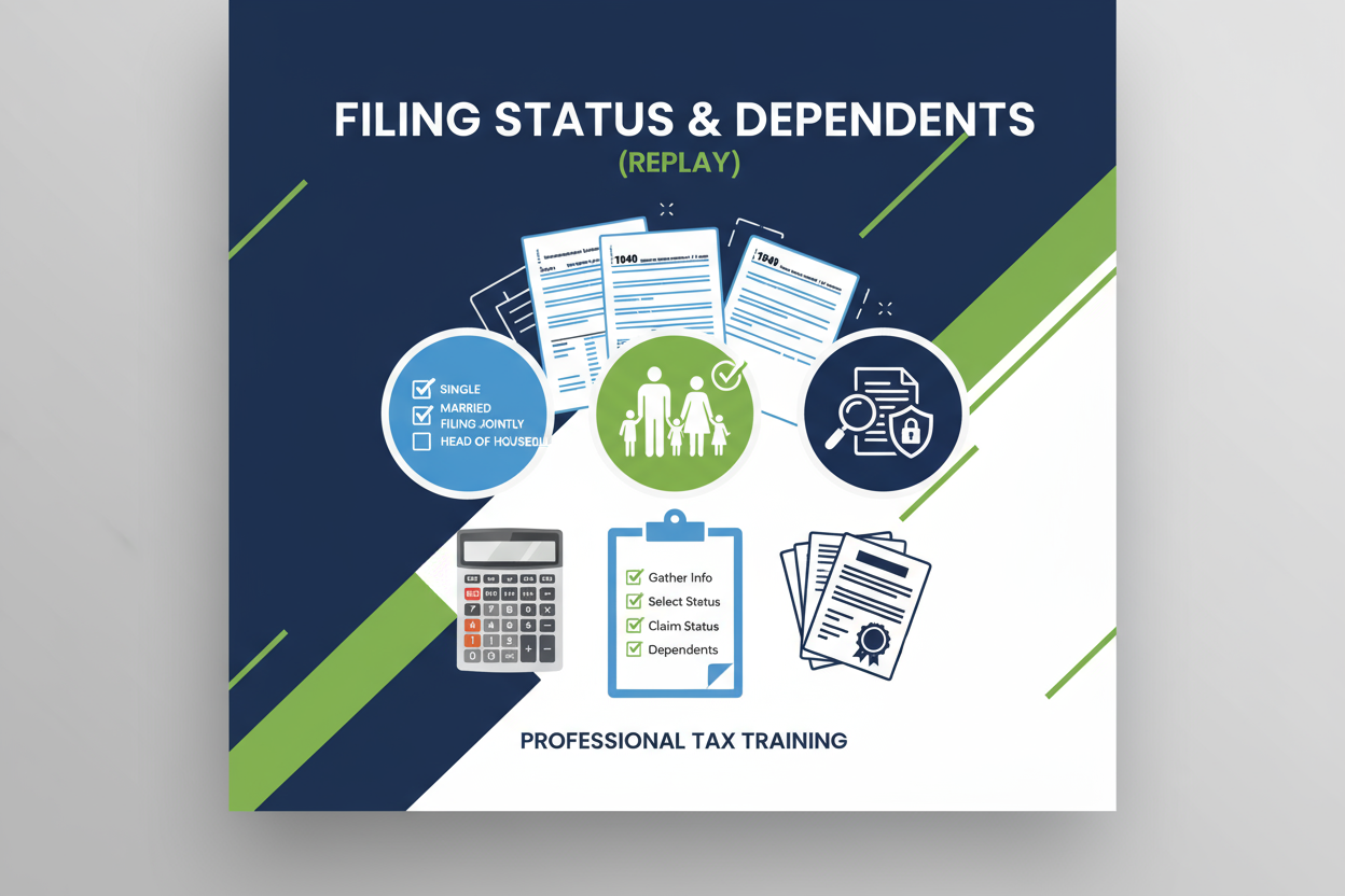 Filing Status & Dependents (Replay)
This training shows how to properly determine filing status, identify qualifying dependents, and avoid the most common audit-triggering errors offices make every season.