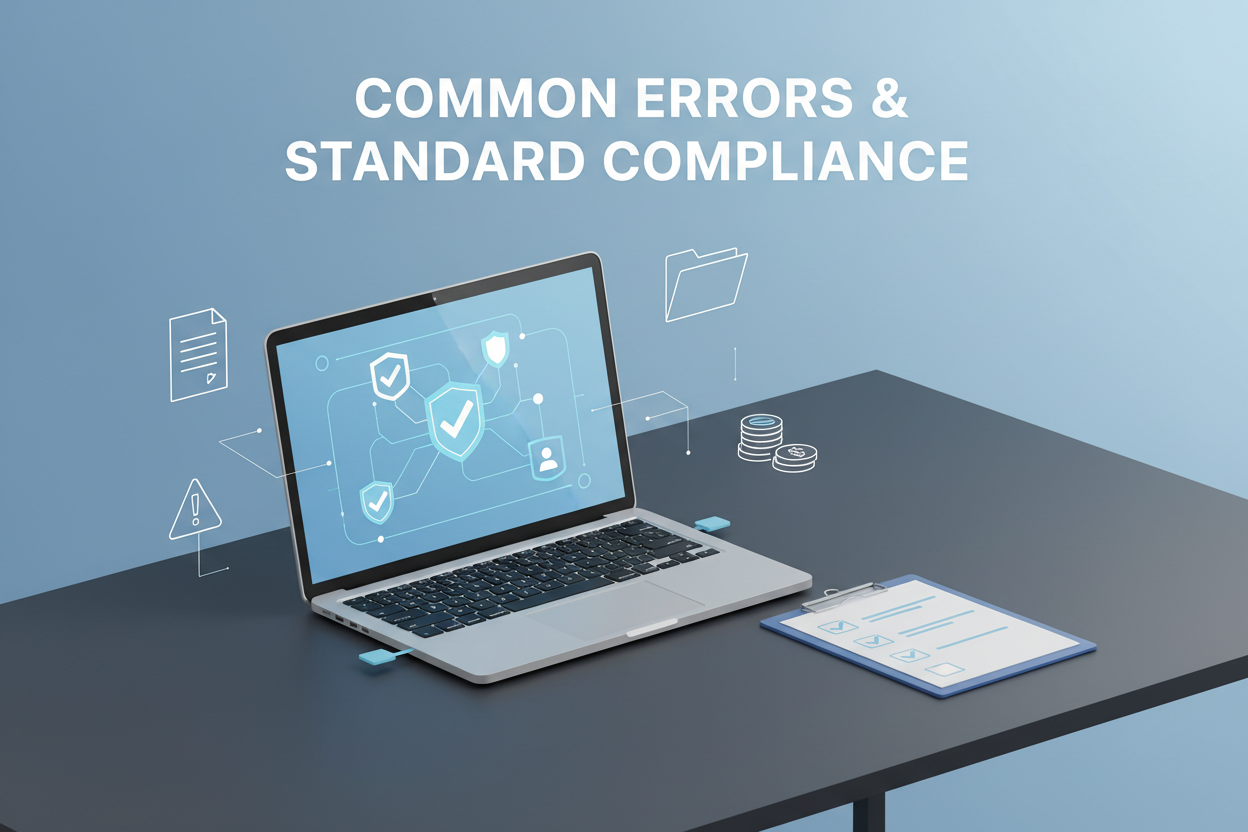 A sleek, modern digital course cover with the title “Common Errors & Standard Compliance” centered at the top in bold, clean typography. Soft blue, charcoal, and white color palette. A minimalist workspace scene with a laptop displaying abstract charts or compliance icons (no readable text), clipboard checkmarks, and simple tax-related line icons like documents, folders, and warning symbols. Smooth gradients, high-resolution, tech-professional aesthetic. No people. No additional text. Clean, structured layo