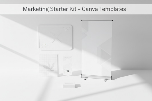 Clean digital mockup showing yard sign, flyer, door hanger, business card, and retractable banner templates arranged neatly on a minimalist workspace. Soft lighting, professional Canva-style aesthetic. No text except title: ‘Marketing Starter Kit – Canva Templates.