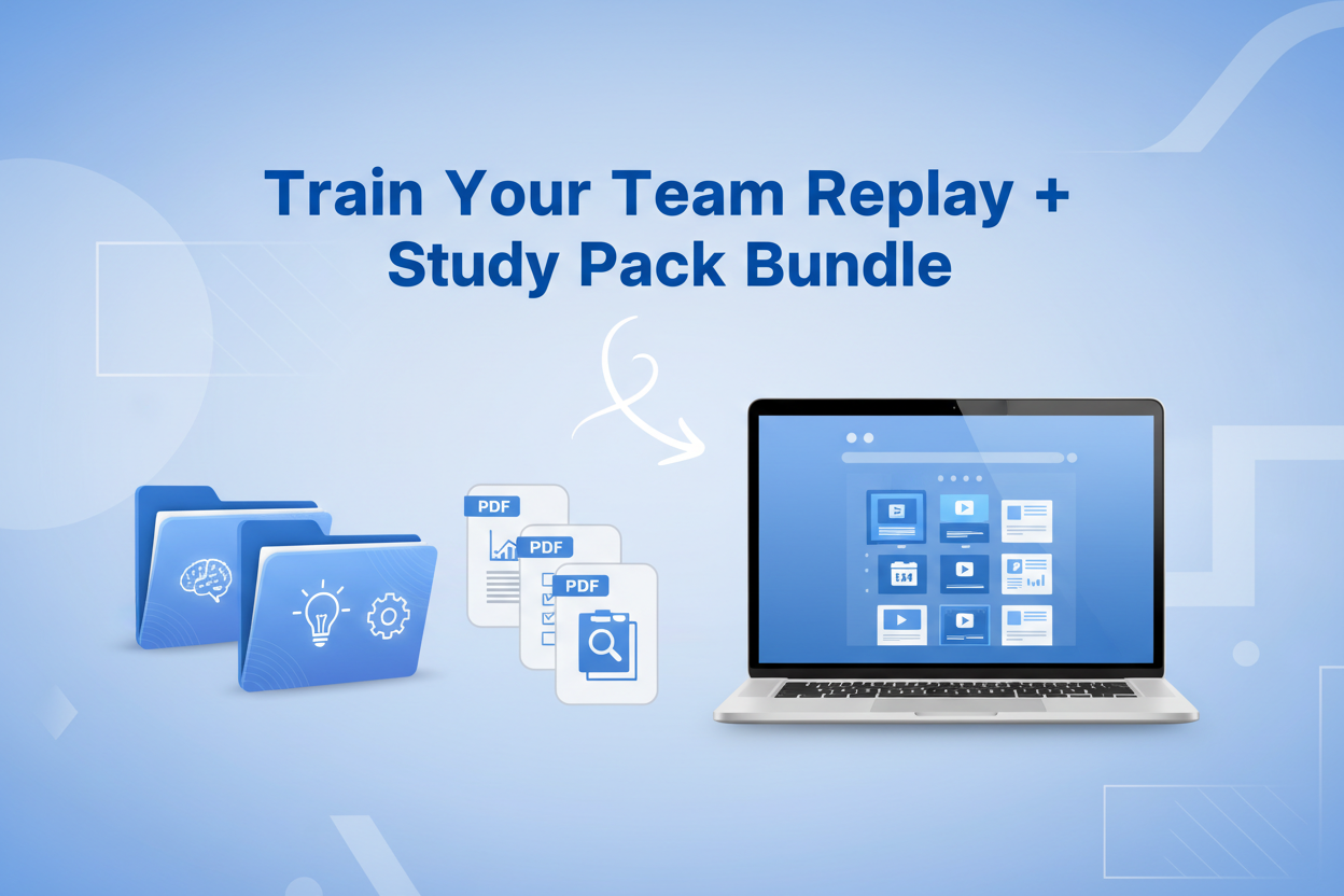 Clean professional digital graphic in blue and white, showing organized folders, PDF icons, and a laptop screen. Minimalist, modern training aesthetic. No text except the title: Train Your Team Replay + Study Pack Bundle.
