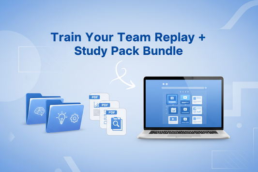 Clean professional digital graphic in blue and white, showing organized folders, PDF icons, and a laptop screen. Minimalist, modern training aesthetic. No text except the title: Train Your Team Replay + Study Pack Bundle.
