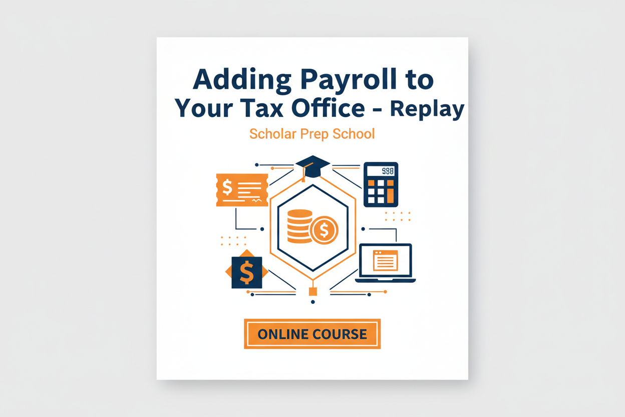 Create a professional digital product cover titled ‘Adding Payroll to Your Tax Office – Replay’ for Scholar Prep School. Use a white background with orange academic accents. Include payroll-related icons such as a paycheck, money, calculator, or computer. Clean, modern, university-inspired design with bold typography.”